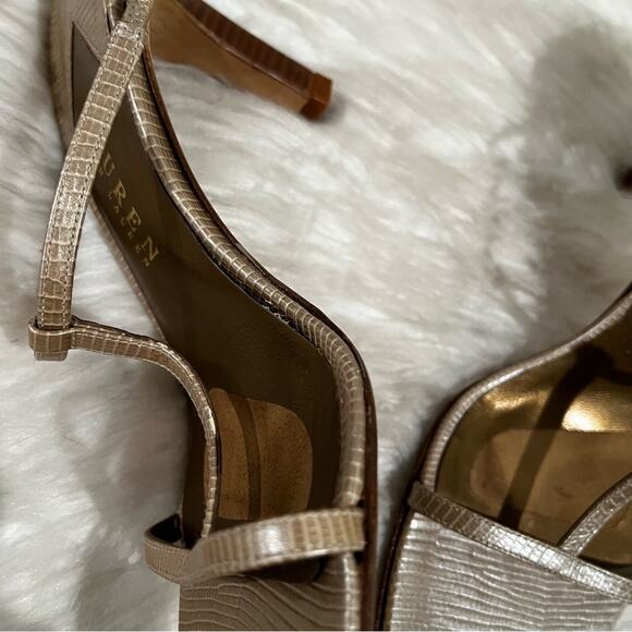 LRL Ralph Lauren Leather T-Strap Metallic High Heel Snakeskin Slides Sandals 5.5 - Picture 12 of 13